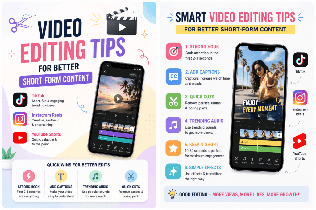Alt Text: Light infographic of video editing tips for TikTok, Reels, and Shorts.
