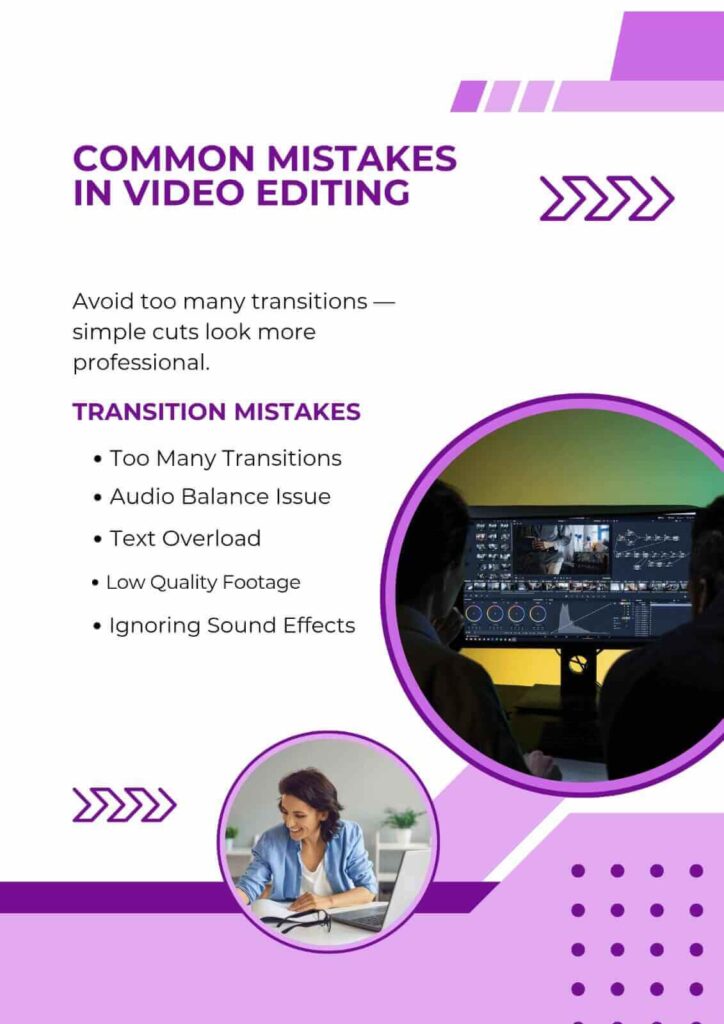 Common video editing mistakes like transitions, audio, text, and lighting issues.