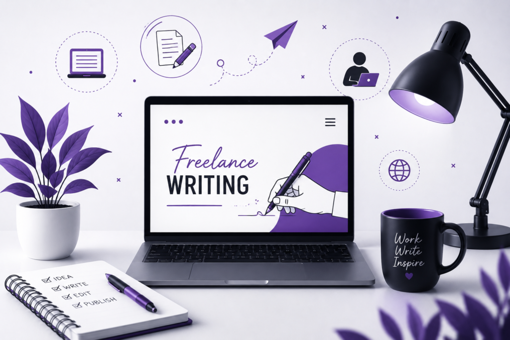 Content writing and freelance writing concept showing writing tools, laptop, and creative workspace for beginners