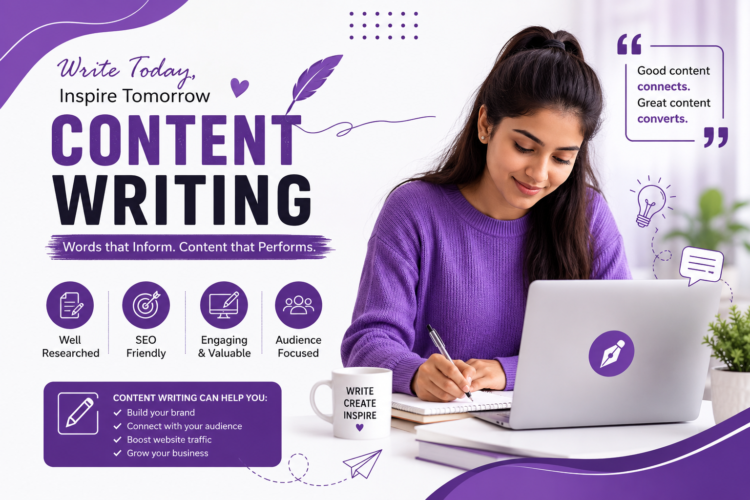 Content writing concept showing writing techniques, freelance writing tips, and skills improvement for beginners.